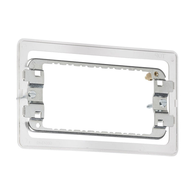 The 3-4 Gang Grid Mounting Frame For Screwless is a rectangular electrical bracket with a white plastic frame and a premium-grade steel interior. This mounting frame is designed for wall installations, incorporating screw holes and slots to securely attach electrical components.