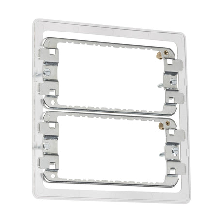 Introducing the 6-8 Gang Grid Mounting Frame for Screwless applications: a white plastic and premium grade steel double module frame designed for electrical switches or sockets, featuring two open rectangular slots and screwless grid faceplates for a sleek, modern finish.