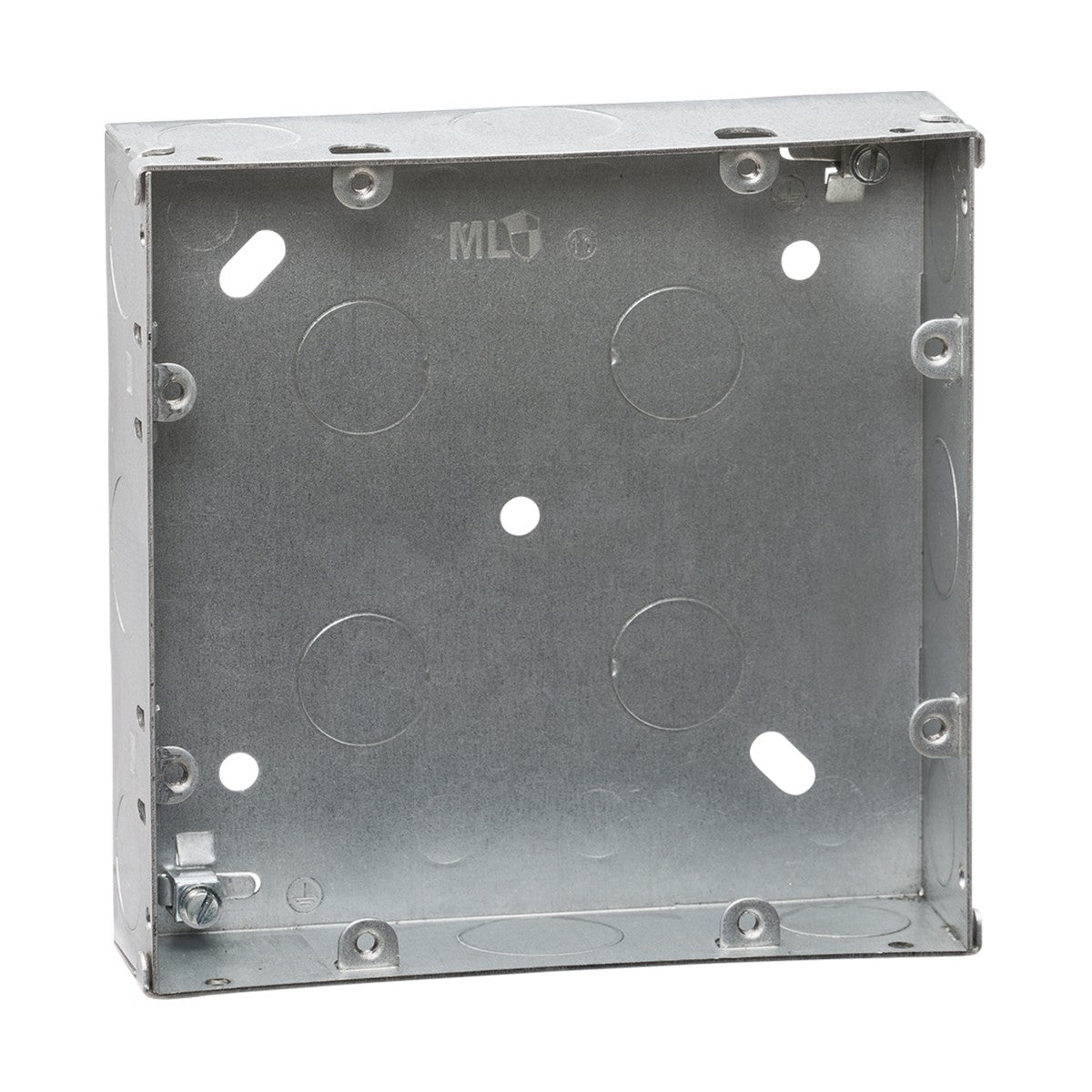 The 6-8 Gang 35mm Galvanised Steel Box is a square steel back box with multiple knockouts on each side for wiring. It is designed for flush mounting and features four mounting holes, along with a plain, unfinished surface that ensures compatibility with grid faceplates.