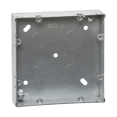 The 6-8 Gang 35mm Galvanised Steel Box is a square steel back box with multiple knockouts on each side for wiring. It is designed for flush mounting and features four mounting holes, along with a plain, unfinished surface that ensures compatibility with grid faceplates.
