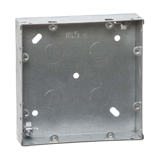 The 6-8 Gang 35mm Galvanised Steel Box is a square steel back box with multiple knockouts on each side for wiring. It is designed for flush mounting and features four mounting holes, along with a plain, unfinished surface that ensures compatibility with grid faceplates.