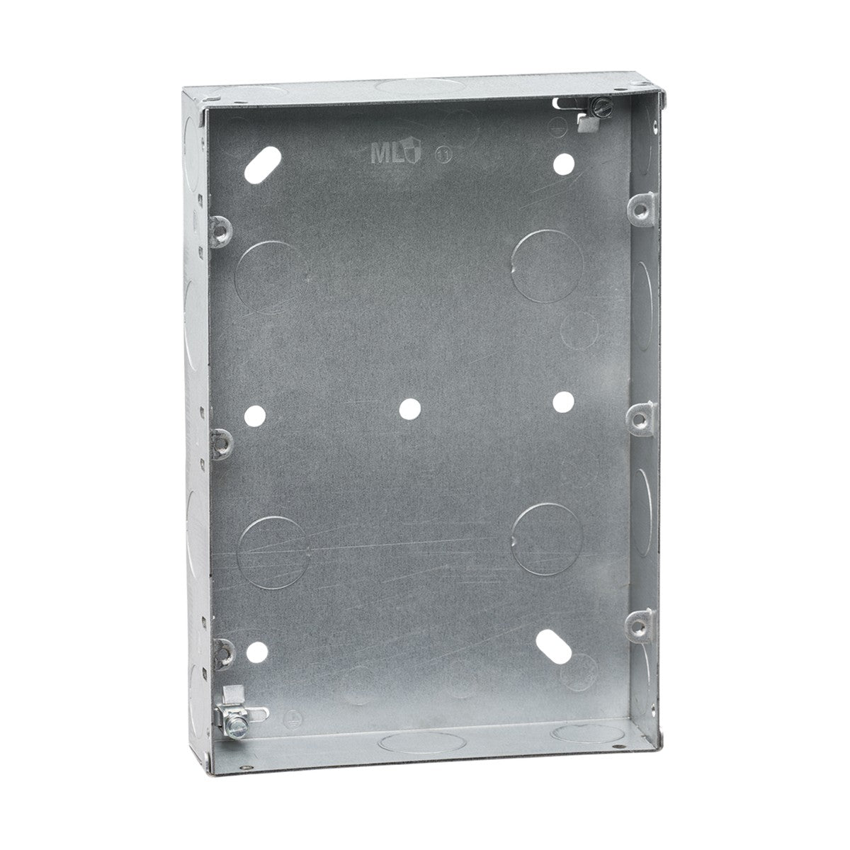 The 9-12 Gang 35mm Galvanized Steel Box is a rectangular metal electrical junction box with multiple circular cutouts on its surface and mounting holes along the edges. It is specifically designed for flush mounting in walls or ceilings, providing secure housing for electrical connections.