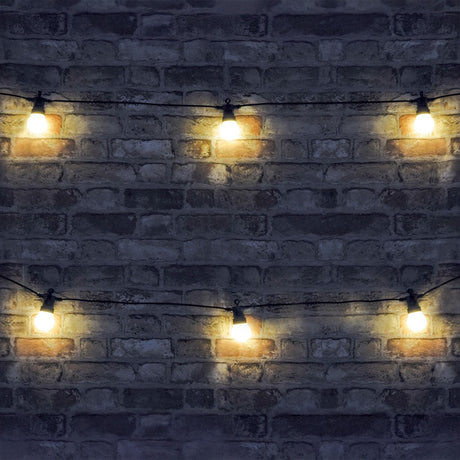 LYYT 10m festoon string with ten warm white LED globes on black cable, draped across a dark brick wall in an outdoor setting.