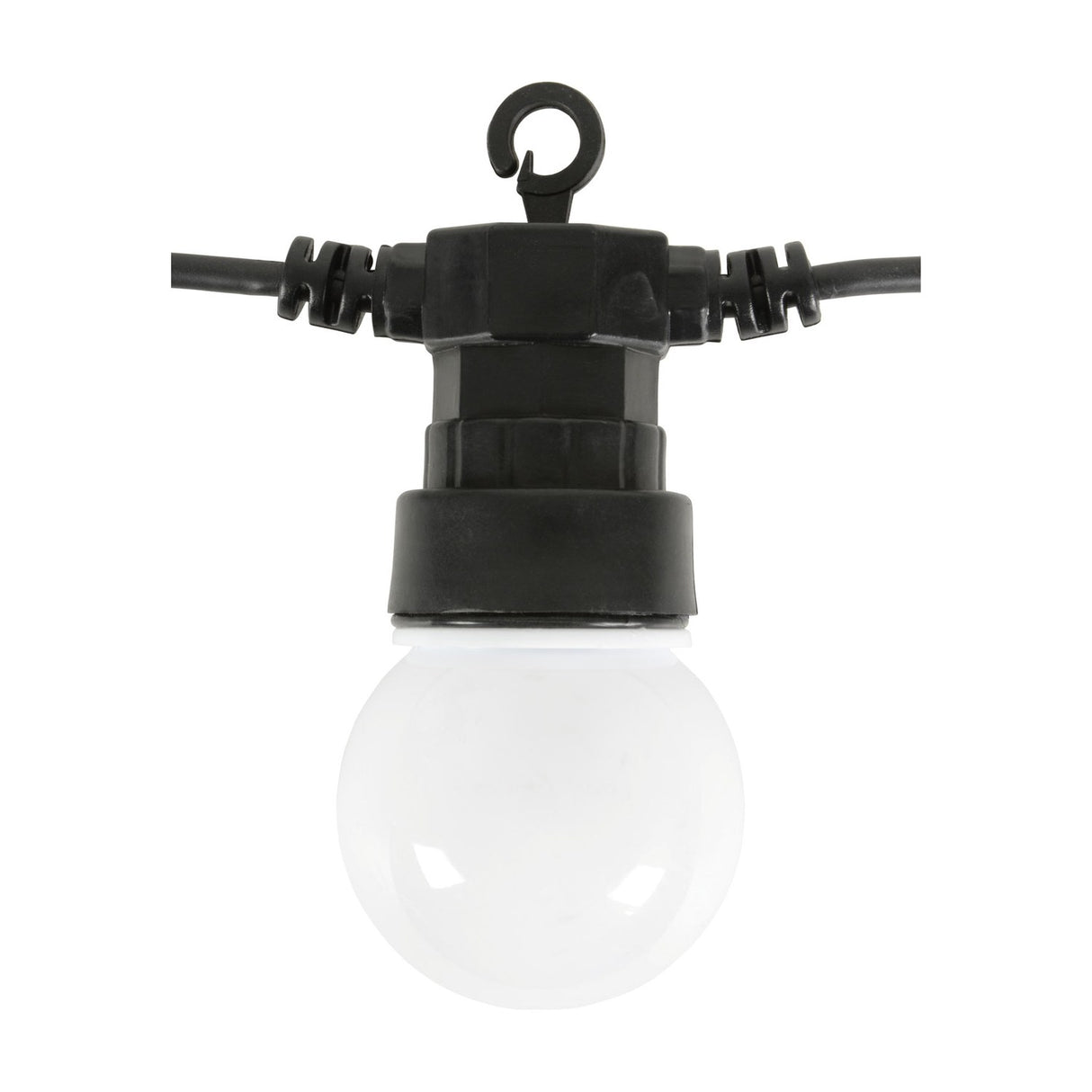 Close-up of a LYYT festoon light globe with white polycarbonate diffuser, black socket, hanging hook, and black rubber cable on a white background.
