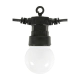 Close-up of a LYYT festoon light globe with white polycarbonate diffuser, black socket, hanging hook, and black rubber cable on a white background.