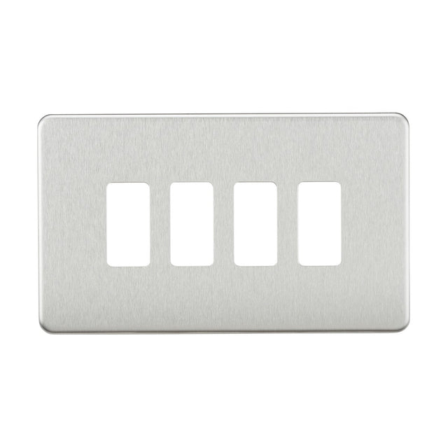 The Screwless 4 Gang Grid Faceplate in brushed chrome is a premium grade steel wall plate with four rectangular openings designed for switches or outlets.