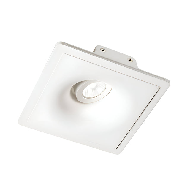 Introducing the Finny Recessed Downlight - White, 20cm, a sleek and square ceiling-mounted fixture featuring a central circular light component. This minimalist design offers dimmable functionality and is angled slightly against a plain white background, reminiscent of an elegant recessed downlight.