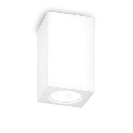 Introducing the Calm Square Downlight - White: This sleek ceiling light features a minimalist design with a rectangular shape crafted from gypsum material. It has a glossy finish, smooth edges, and a circular bulb opening on the bottom. The fixture offers dimmable functionality for versatile lighting control.