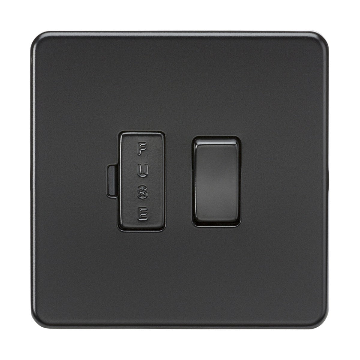 The 13A Switched Fused Spur Unit in matt black boasts a premium-grade steel body with a right toggle switch and left rectangular FUSE holder. Its screwless, sleek design enhances any space by blending style with functionality.