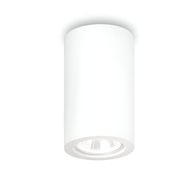 The Calm Round Downlight - White is a stylish cylindrical ceiling fixture in a crisp white finish, designed to hold a GU10 bulb. It is smoothly integrated into a white gypsum construction ceiling, providing downward lighting to cultivate a tranquil atmosphere.