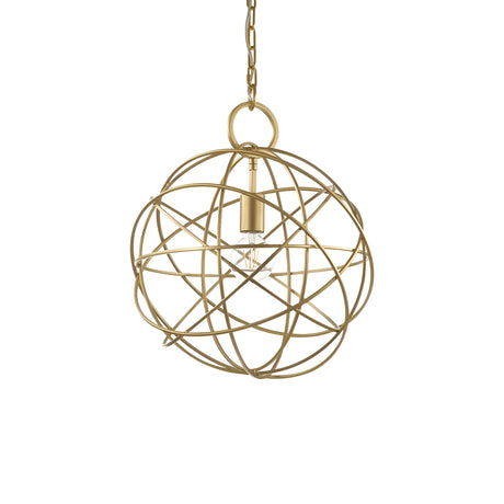 The Zen 1 Light Pendant - Gold is a stunning spherical fixture featuring a detailed geometric wireframe design. Its central bulb remains visible, and the gold pendant light is suspended gracefully from a coordinating chain, beautifully merging modern aesthetics with classic elegance.