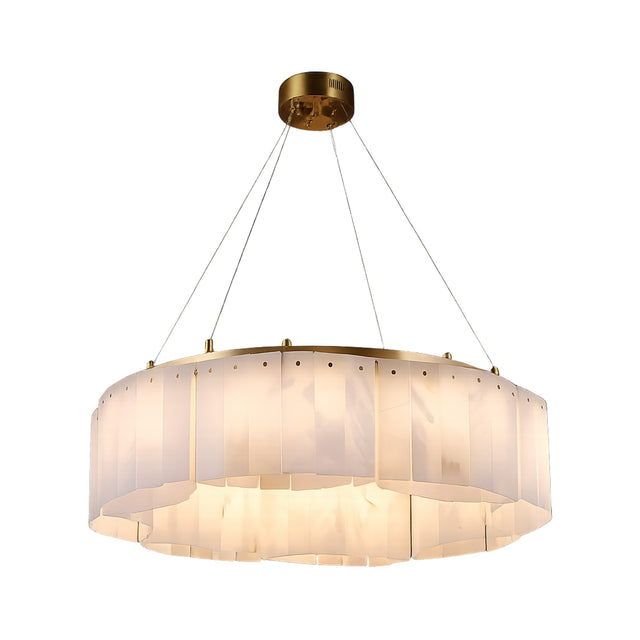The Caldrisa 16 Light Layer Panel Alabaster Chandelier features a round brass frame in soft white, suspended by four wires, with vertical alabaster panels that diffuse warm light for a modern look.