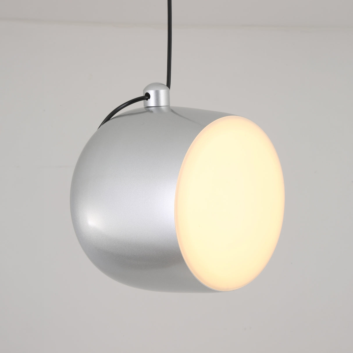 The Mono LED Pendant Light - Grey features a modern spherical design with a glowing circular halo, suspended from a black cord against a white background—perfect for sleek, contemporary kitchen lighting.