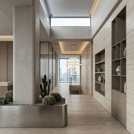 A modern, minimalist hallway with light wood floors, built-in shelves for ceramics, large windows showing city views, a planter with cacti, and the Celine LED 6 Tier Suspension Light in gold as a luxury statement piece.