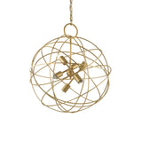Introducing the Zen 6 Light Suspension - Gold: a contemporary spherical chandelier featuring a geometric metal framework in a sophisticated satin dark gold finish. Within, multiple light bulbs are elegantly arranged around a central hub, all gracefully suspended by an attractive chain.