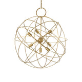 The Zen 7 Light Suspension - Gold is a spherical light fixture with an atomic structure design, featuring multiple interconnected rings around a central hub with seven bulbs. It hangs from a chain, offering modern and elegant styling for luxurious lighting.