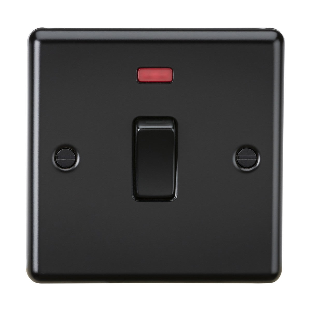 The 20A 1 Gang DP Switch Neon in matt black, designed with a sleek rounded edge plate, features a red indicator light and is perfect for managing water heaters. It includes two visible screws on each side for secure mounting.