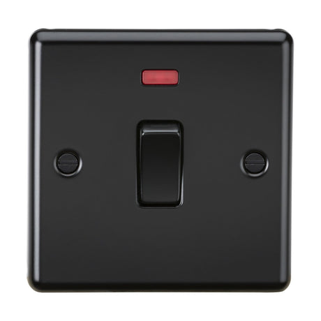 The 20A 1 Gang DP Switch Neon in matt black, designed with a sleek rounded edge plate, features a red indicator light and is perfect for managing water heaters. It includes two visible screws on each side for secure mounting.