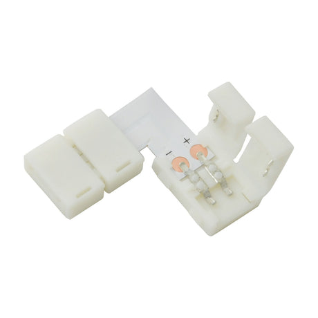 LYYT 8mm single colour LED strip L connector by AVSL, white polycarbonate snap-fit housing with two right-angle apertures and exposed metal contacts.
