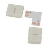 LYYT 8mm single colour LED strip L connector by AVSL shown disassembled with white snap-fit housing and L-shaped PCB with copper contact pads.