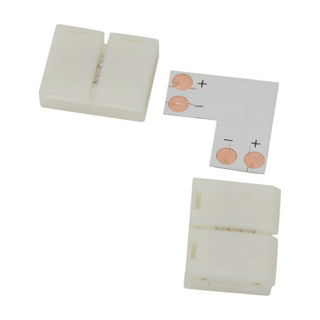 LYYT 8mm single colour LED strip L connector by AVSL shown disassembled with white snap-fit housing and L-shaped PCB with copper contact pads.
