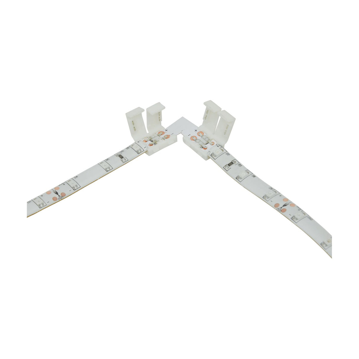 LYYT 8mm single colour LED strip L connector by AVSL joining two LED tape sections at a 90° corner with snap-fit white housings on a white background.