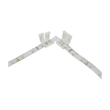 LYYT 8mm single colour LED strip L connector by AVSL joining two LED tape sections at a 90° corner with snap-fit white housings on a white background.