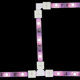 AVSL LYYT 8mm single colour LED strip L connectors joining pink-lit tape into corner and T-shaped layouts on a black background.