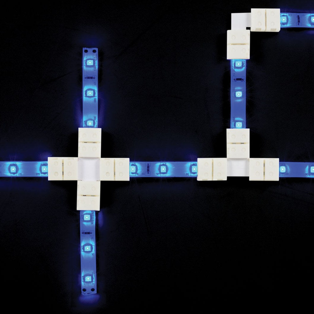 LYYT 8mm single colour LED strip L connectors by AVSL joining lit blue LED tape into right-angle corners with white snap-fit polycarbonate housings.