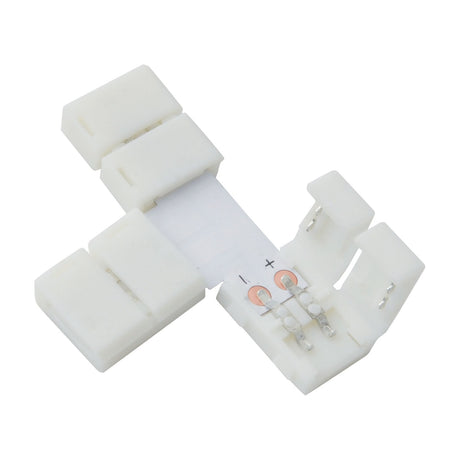 LYYT 8mm single colour LED strip T connector by AVSL, white snap-fit three-way branch piece with exposed copper terminals, shown on a plain background.