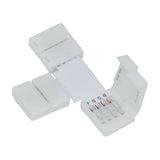 LYYT RGB LED Strip T Connector in white polycarbonate with snap-fit clamps and four exposed contact pins for 10mm RGB tape, on a white background.