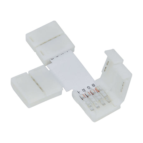 LYYT RGB LED Strip T Connector in white polycarbonate with snap-fit clamps and four exposed contact pins for 10mm RGB tape, on a white background.
