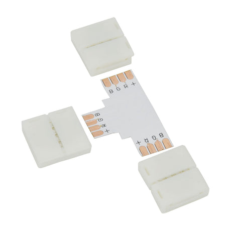 LYYT RGB LED Strip T Connector with three white snap-fit clamps and exposed PCB showing BGR+ contact pads, shown on a plain white background.