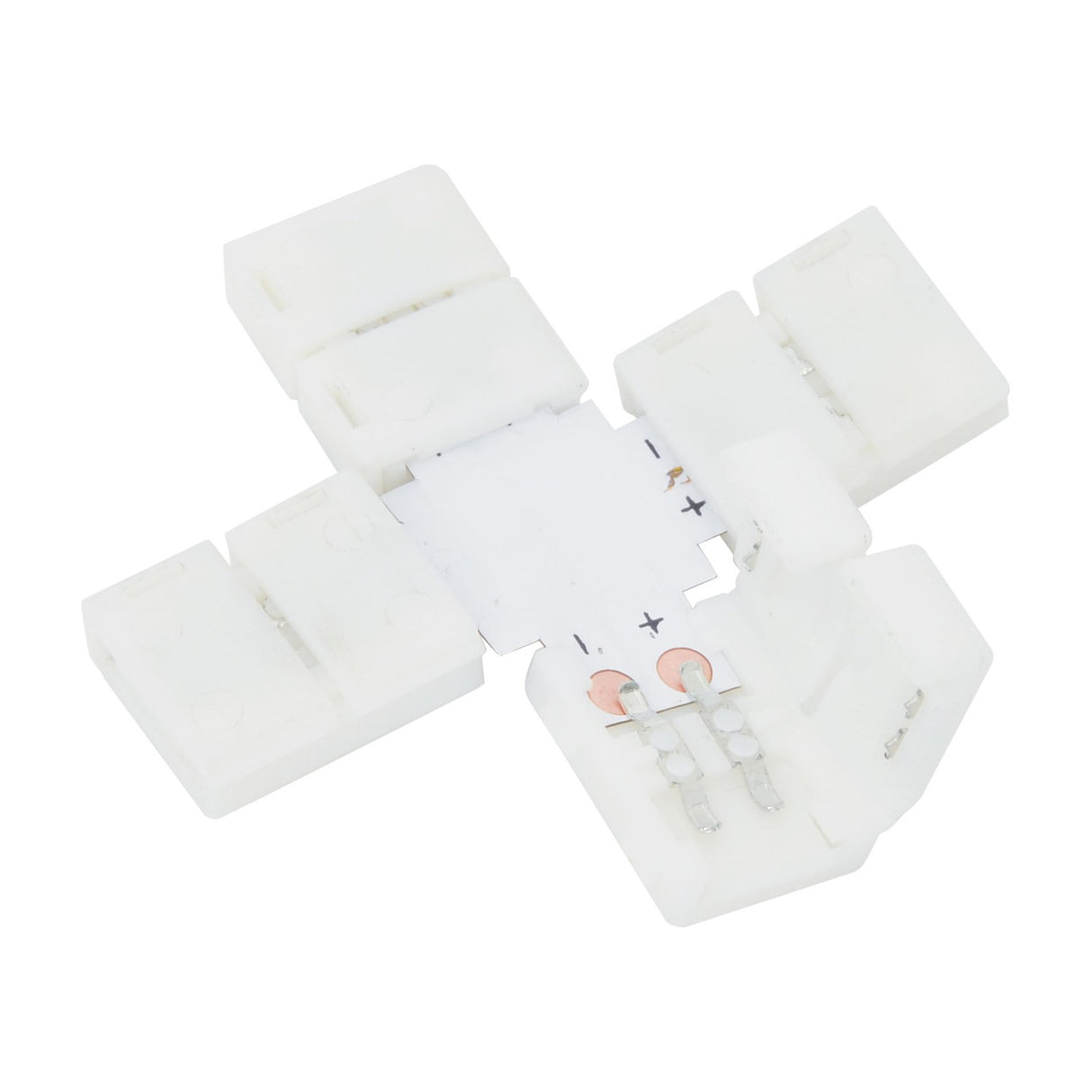 LYYT 8mm single colour LED strip X connector by AVSL, white snap-fit cross-shaped junction with four clamp arms and visible copper contact pads.