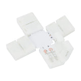 LYYT 8mm single colour LED strip X connector by AVSL, white snap-fit cross-shaped junction with four clamp arms and visible copper contact pads.