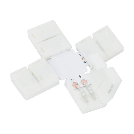 LYYT 8mm single colour LED strip X connector by AVSL, white snap-fit cross-shaped junction with four clamp arms and visible copper contact pads.