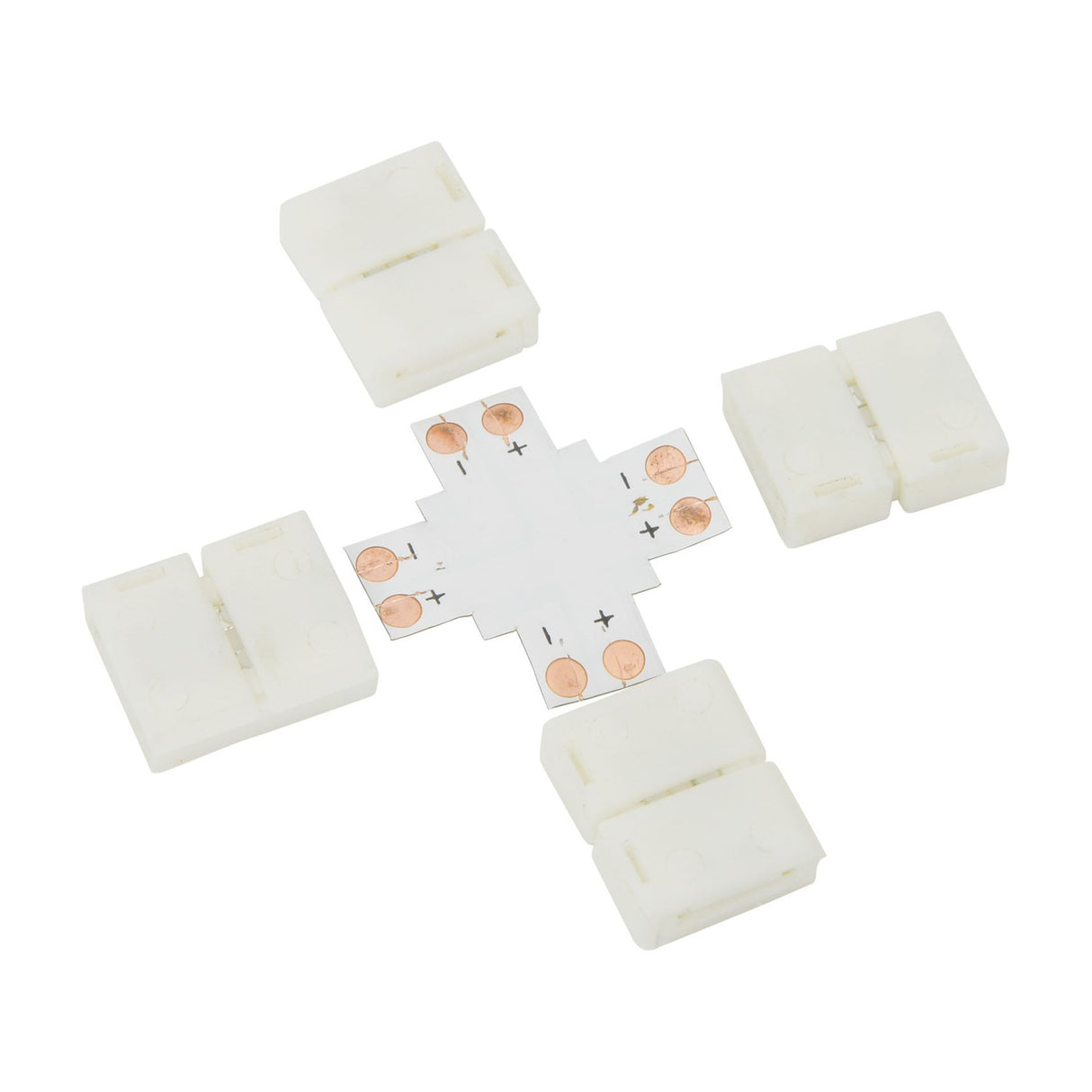 LYYT 8mm single colour LED strip X connector by AVSL, showing the cross-shaped PCB with copper pads and four white snap-fit clamps on a white background.