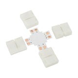 LYYT 8mm single colour LED strip X connector by AVSL, showing the cross-shaped PCB with copper pads and four white snap-fit clamps on a white background.