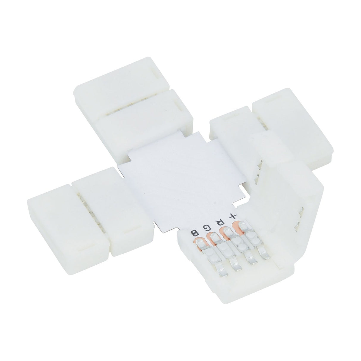 LYYT RGB LED Strip X Connector, a white four-way snap-fit junction piece for 10mm RGB LED tape with visible RGB+ contacts, on a plain background.
