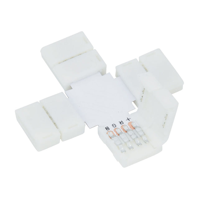 LYYT RGB LED Strip X Connector, a white four-way snap-fit junction piece for 10mm RGB LED tape with visible RGB+ contacts, on a plain background.