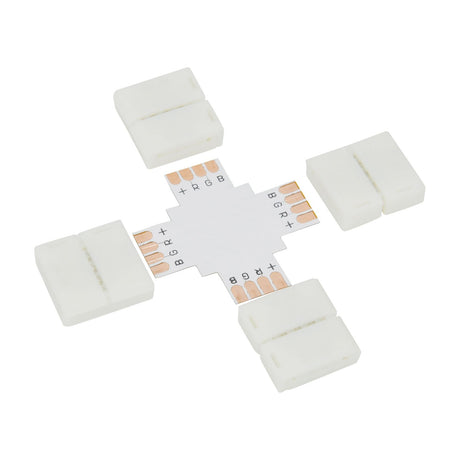 LYYT RGB LED Strip X Connector by AVSL, a white four-way 10mm junction piece with exposed copper RGB contact pads and four snap-fit clips.
