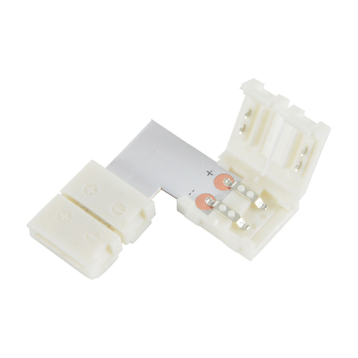 LYYT 10mm single colour LED strip L connector by AVSL, white snap-fit corner joiner with copper contact pads, shown on a plain white background.