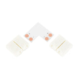 LYYT 10mm single colour LED strip L connector by AVSL, showing the L-shaped PCB with copper contact pads and two white snap-fit housings on a plain background.