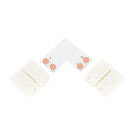 LYYT 10mm single colour LED strip L connector by AVSL, showing the L-shaped PCB with copper contact pads and two white snap-fit housings on a plain background.