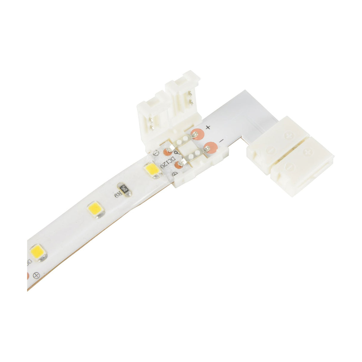 LYYT 10mm single colour LED strip L connector by AVSL, shown with a white LED strip snapped into the 90° snap-fit corner joiner on a white background.