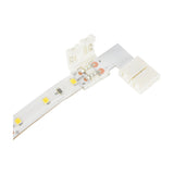 LYYT 10mm single colour LED strip L connector by AVSL, shown with a white LED strip snapped into the 90° snap-fit corner joiner on a white background.