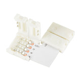 LYYT RGB LED Strip L Connector 12mm by AVSL, showing white polycarbonate housing with four spring-loaded pins and RGB contact pads, on white background.