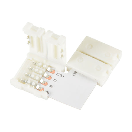 LYYT RGB LED Strip L Connector 12mm by AVSL, showing white polycarbonate housing with four spring-loaded pins and RGB contact pads, on white background.