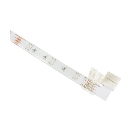 LYYT RGB LED Strip L Connector 12mm attached to RGB LED tape, showing white polycarbonate housing and visible contact pins on a plain background.