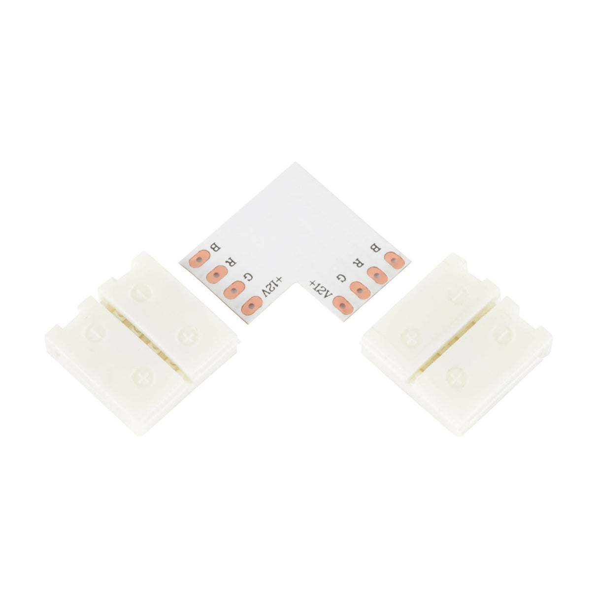LYYT RGB LED Strip 12mm L connector by AVSL, showing white polycarbonate L-shaped PCB with R, G, B and +12V pads alongside two clip-shut housings.
